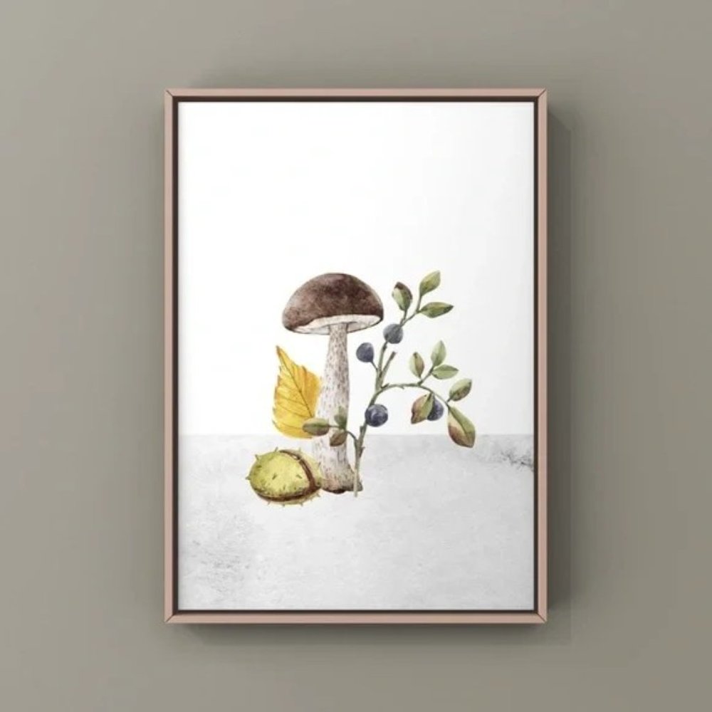 Watercolor mushroom art print. Trendy art with vintage look berries and leaves